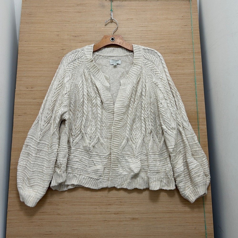 Lucky Brand Womens Cream Cable Knit Open Front Cardigan Sweater Large Relaxed